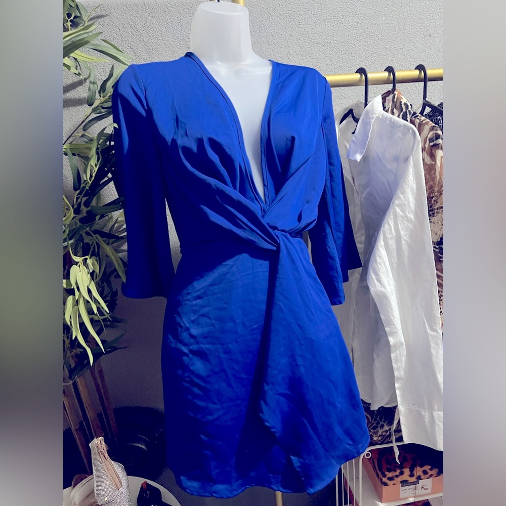 Misguided Blue knot dress with deep V neckline